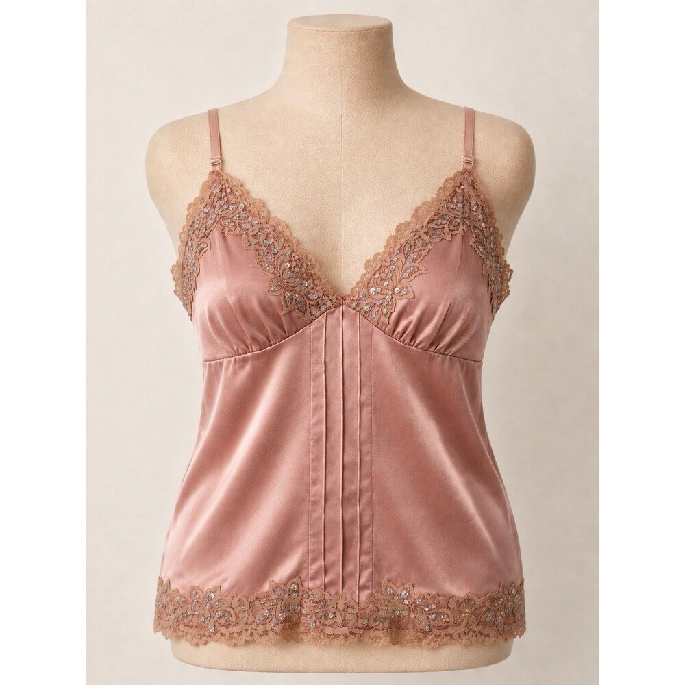 2000s Y2K Pink Satin Lace Embellished Sequin Babydoll Cami Fairy Grunge Size 1X